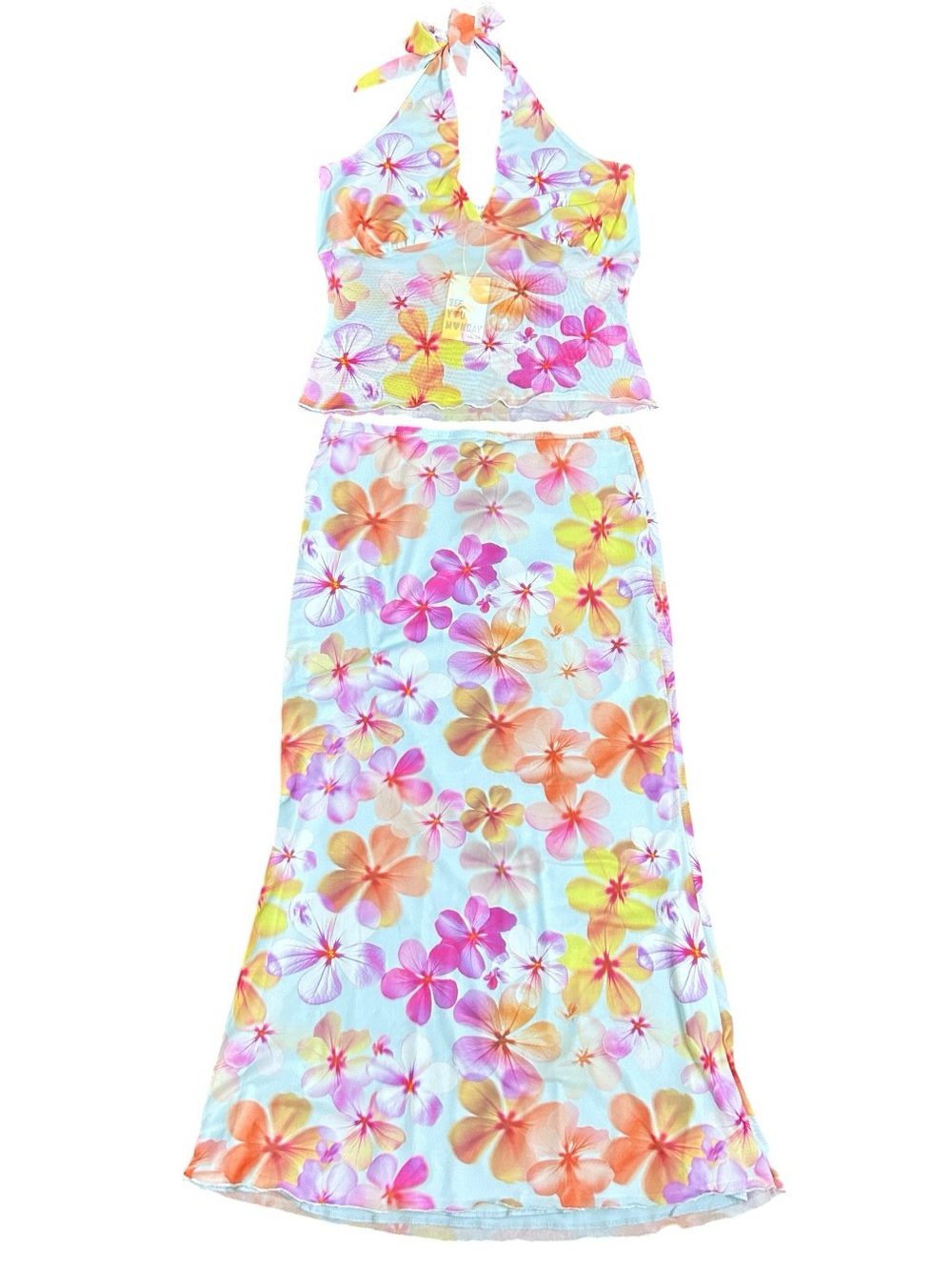 See You Monday Floral Halter Top Maxi Skirt Set XL NWT Y2K